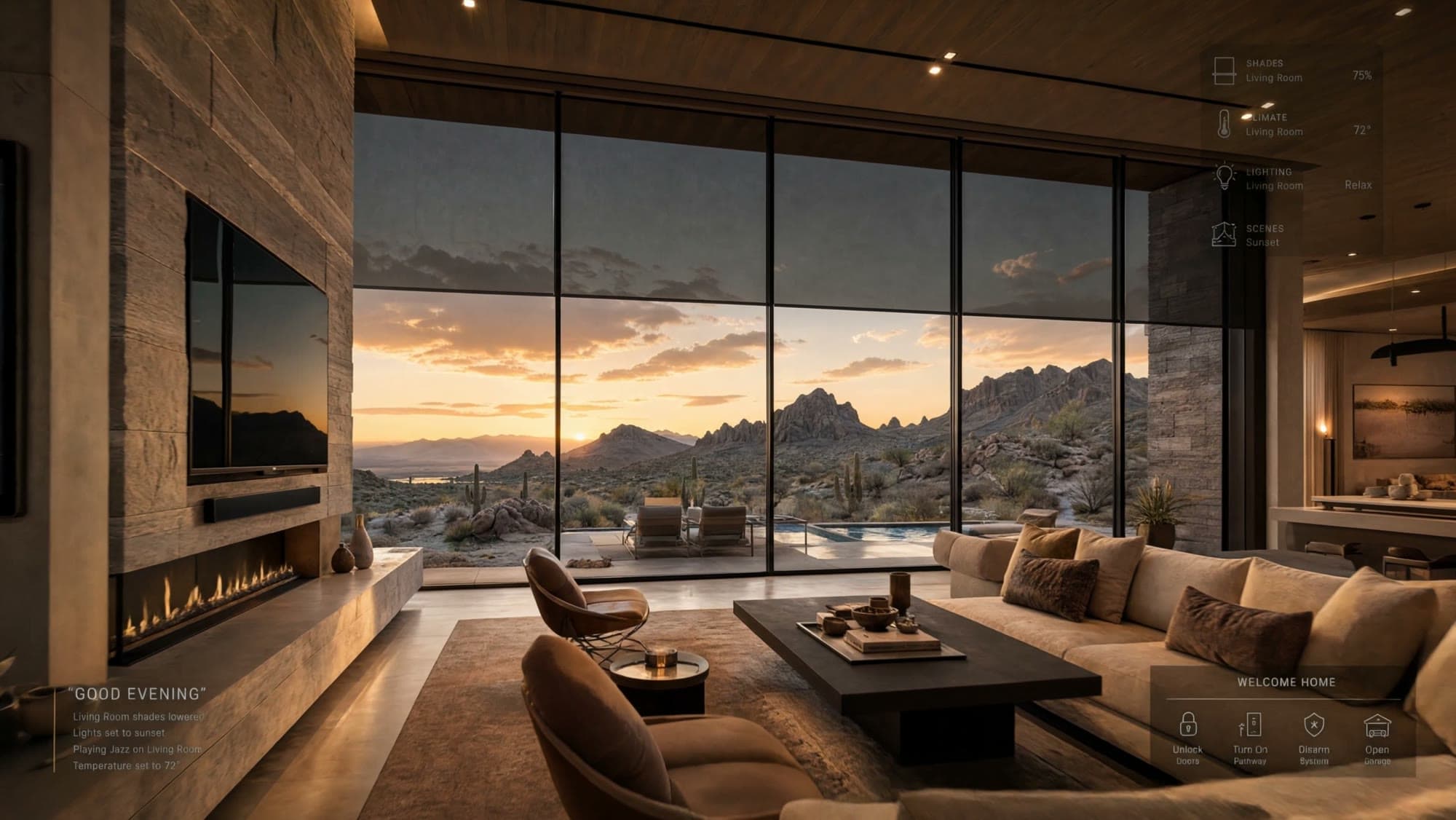 Modern desert home at sunset with floor-to-ceiling glass, a linear fireplace, and smart-home controls for shades, lighting, and climate.